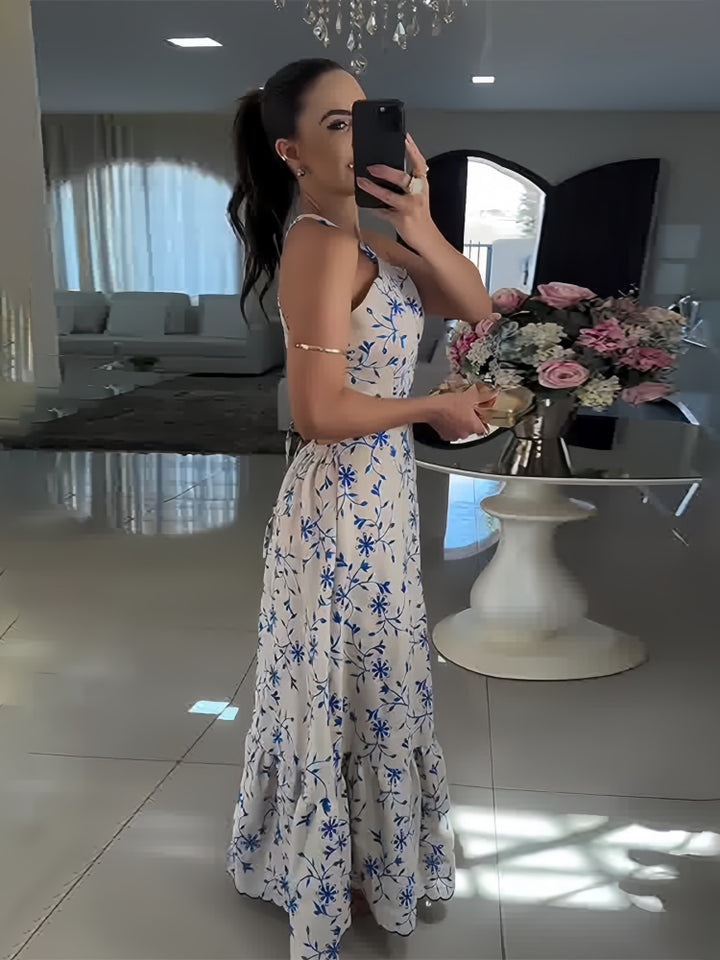 Blue Floral Halter Cutout Ruffle Maxi Dress