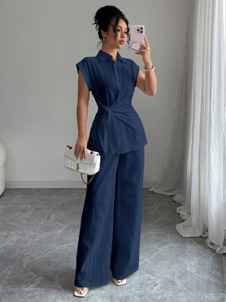 Tie-Waist Sleeveless Shirt &amp; Wide Leg Pants Set