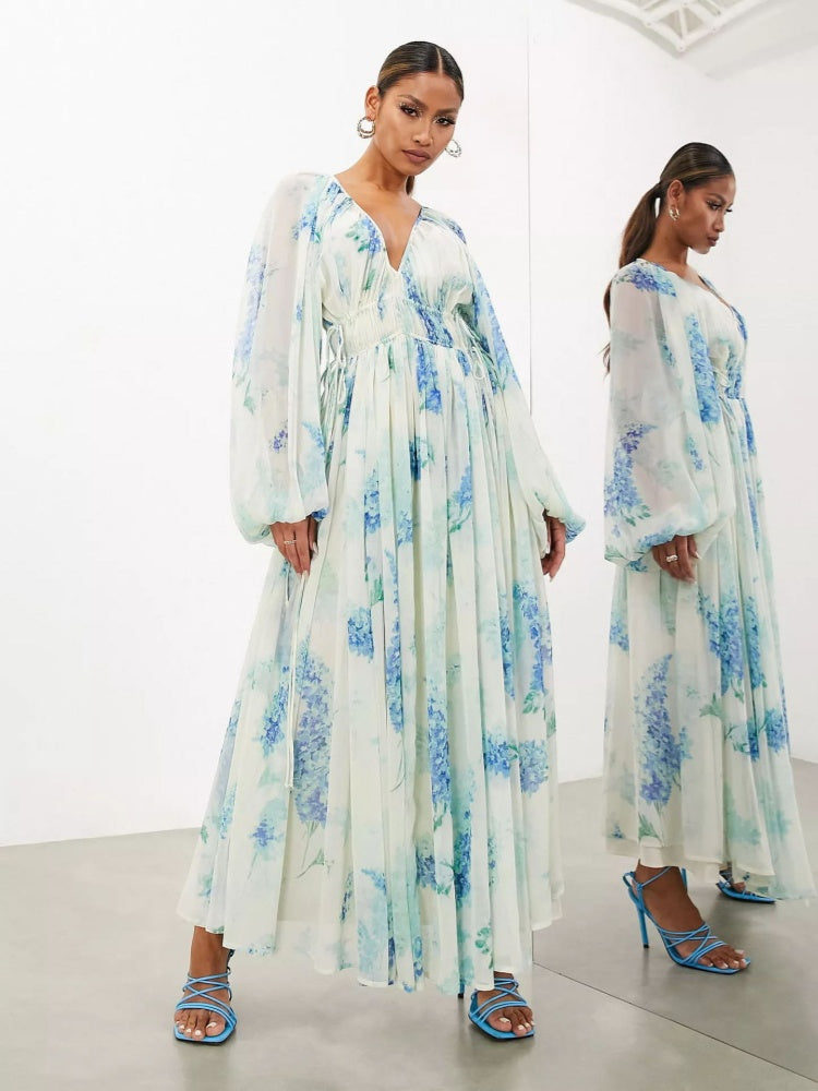 Floral Print Chiffon Balloon Sleeve Maxi Dress