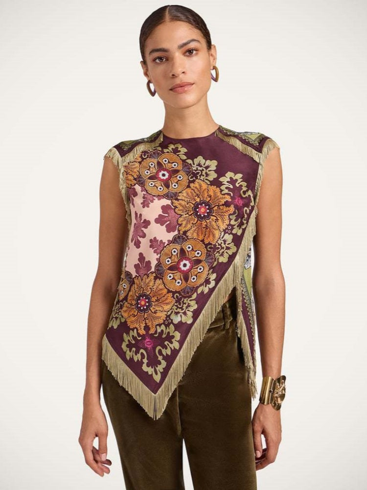 Fringed Floral Print Asymmetrical Sleeveless Top