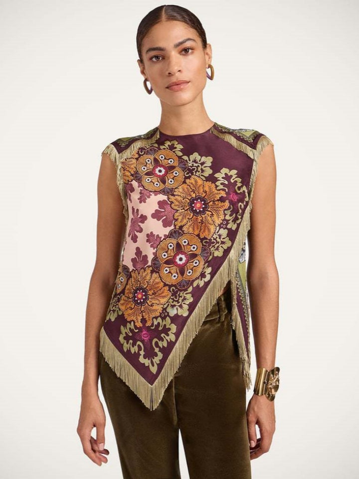 Fringed Floral Print Asymmetrical Sleeveless Top