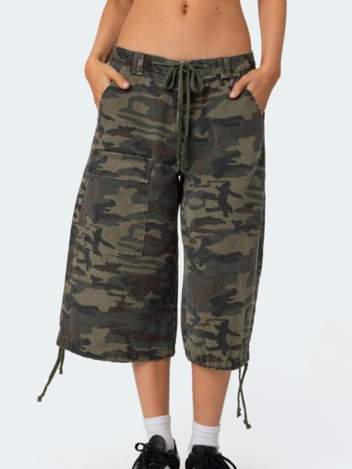 Camouflage Cargo Capri Pants | Drawstring Hem Loose Wide-Leg Shorts