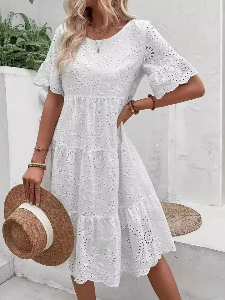 Eyelet Embroidery Flare Sleeve Tiered Midi Dress