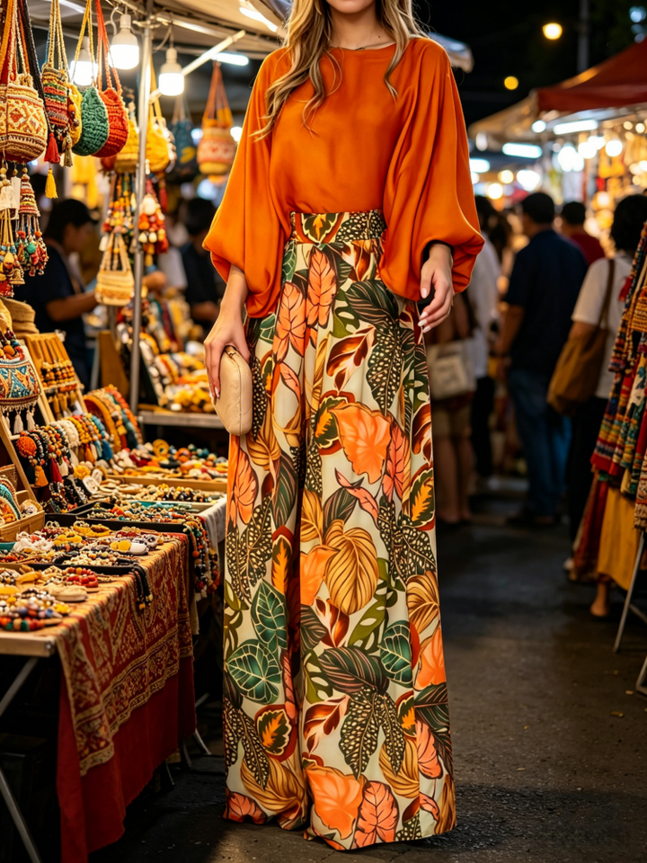 Solid Blouse &amp; Tropical Print Wide Leg Pants Two-Piece Set