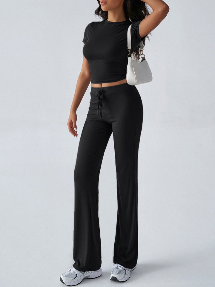 Fitted Crop Top &amp; Drawstring Flare Pants Set