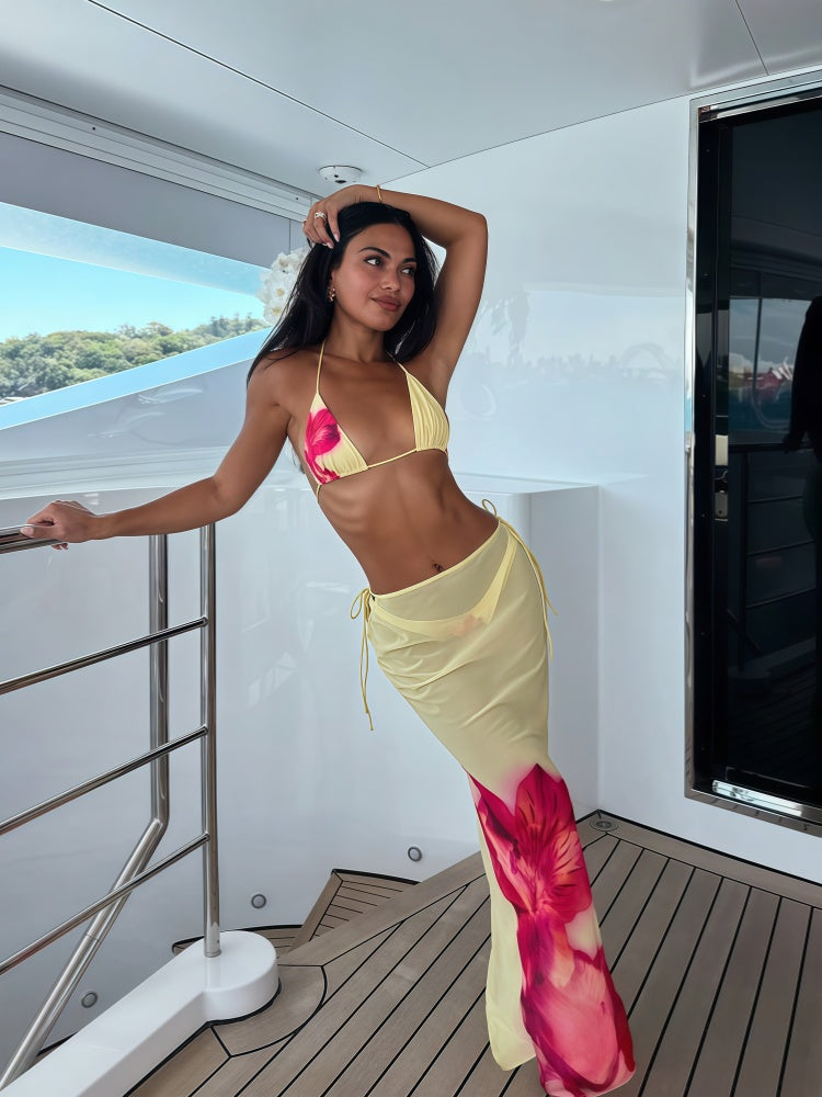 3-Piece Bikini Set with Sheer Skirt – Floral Triangle Swimsuit