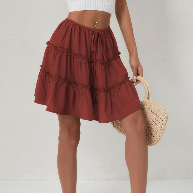Tiered Ruffle Mini Skirt - High-Waisted Drawstring Flowy Skirt