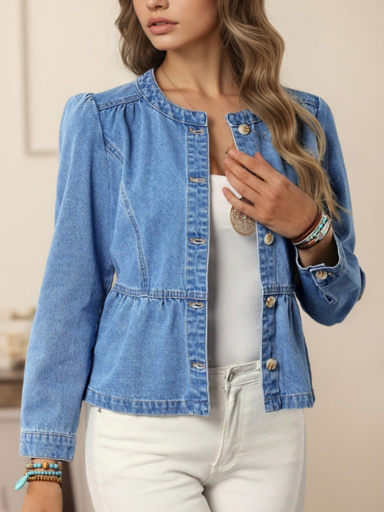 Round Neck Puff Sleeve Peplum Cropped Denim Jacket