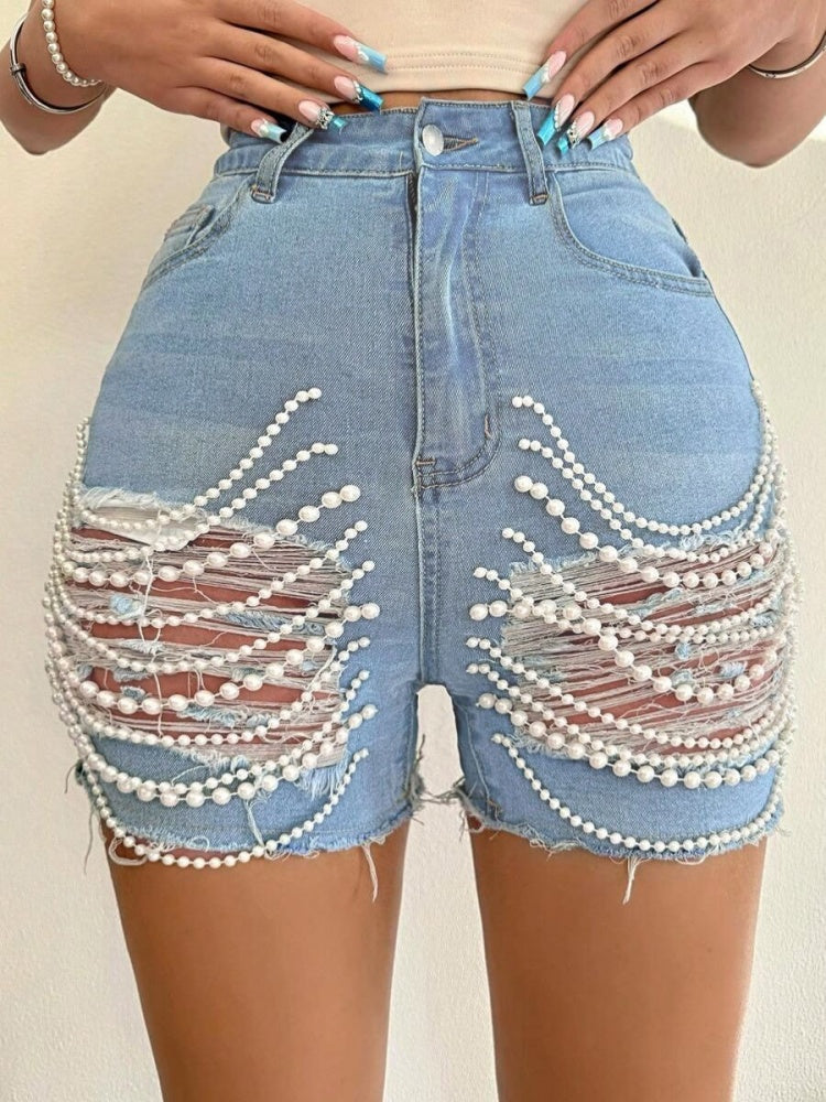 High Waist Ripped Pearl Beaded Denim Shorts