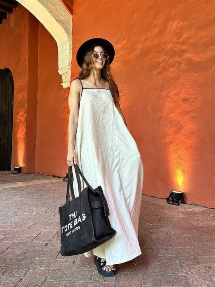 Contrast Trim Linen Blend Cami Maxi Dress