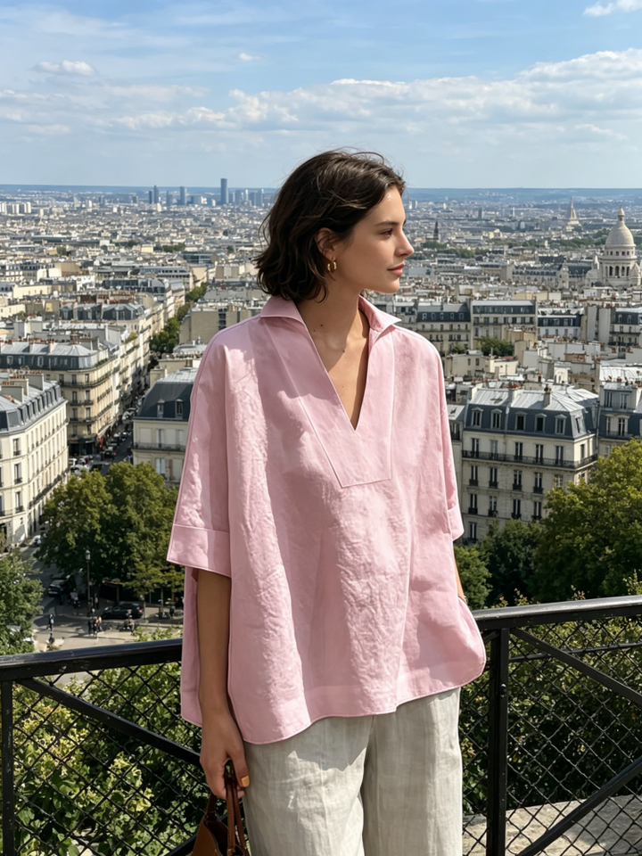 Oversized Linen Blend Collared V-Neck Blouse