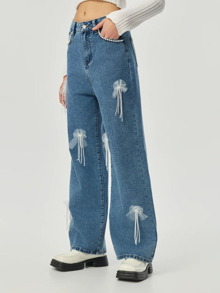 High Waist Wide Leg Jeans With Tulle Bow &amp; Pearl Tassel Decor