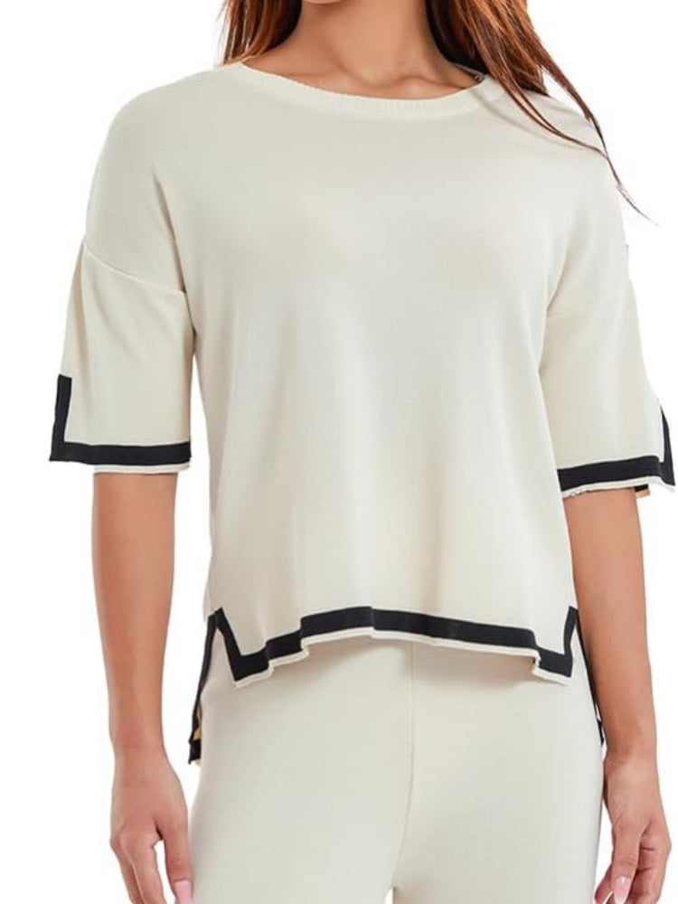 Contrast Trim Knit Short Sleeve Top &amp; Wide Leg Pants Set