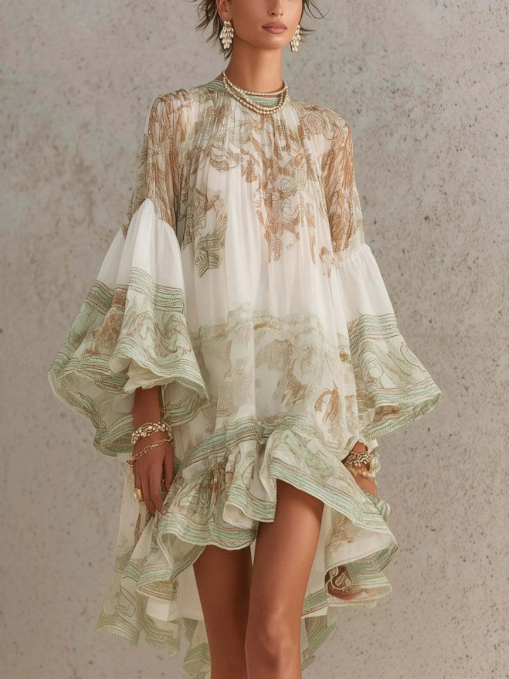 Printed Bell Sleeve Ruffle Hem Mini Dress
