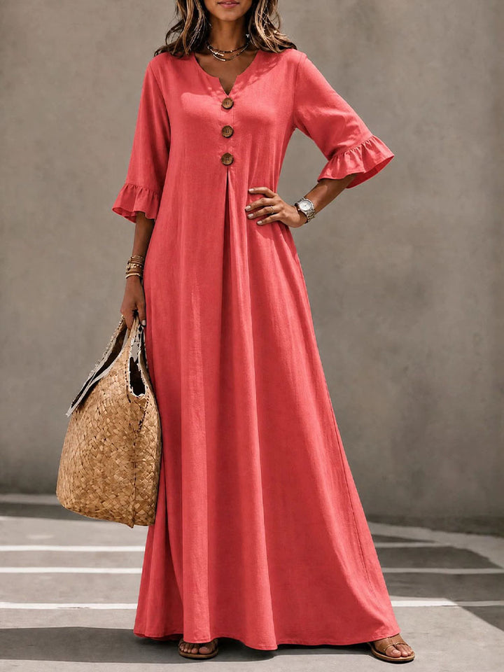 V-Neck Ruffle-Sleeve Dress with Wooden Buttons
