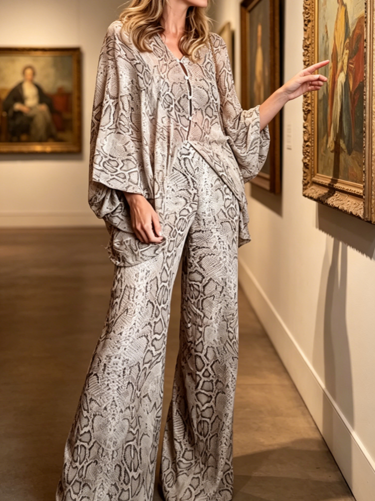 Snake Print V-Neck Batwing Sleeve Top &amp; Wide Leg Pants Set
