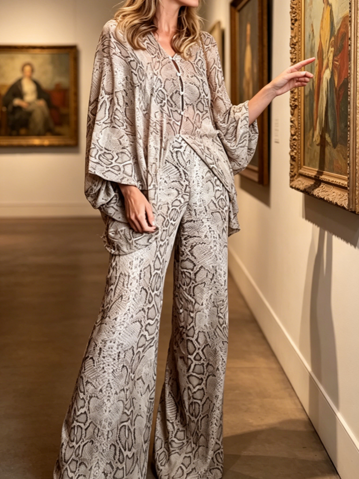 Snake Print V-Neck Batwing Sleeve Top &amp; Wide Leg Pants Set