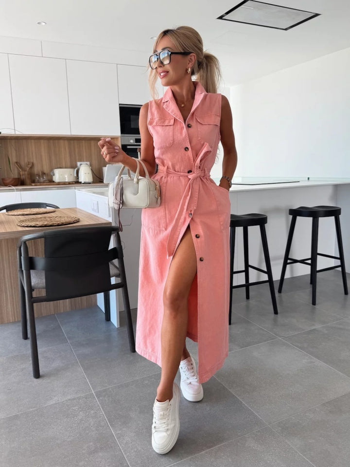Sleeveless Button-Front Denim Maxi Dress