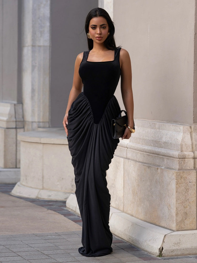 Square Neck Velvet Spliced Ruched Mermaid Maxi Dress