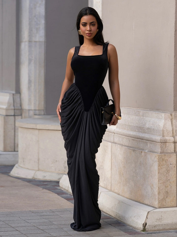 Square Neck Velvet Spliced Ruched Mermaid Maxi Dress