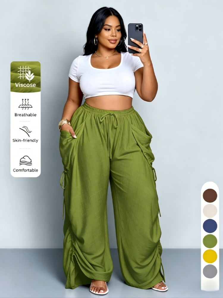 Plus Size Drawstring Ruched Wide Leg Cargo Pants with Pockets