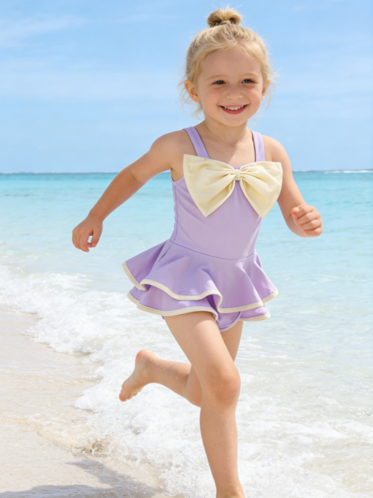 Girls Ruffle One-Piece Swimsuit – Bowknot Princess Swim Dress with Cap