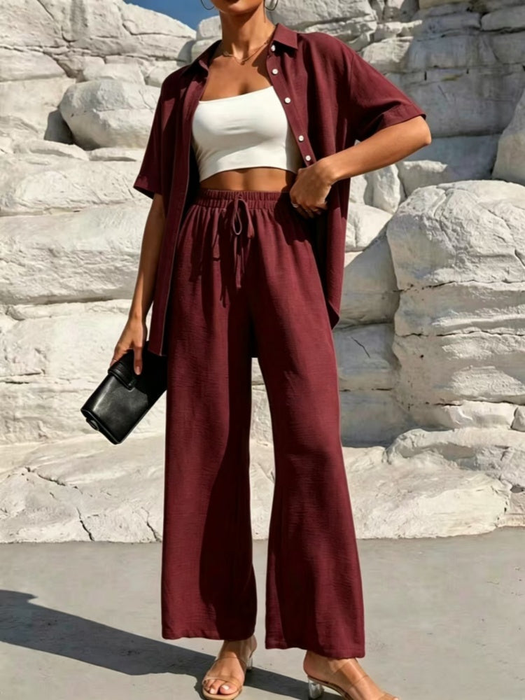 Stylish and casual solid color shirt and trousers two-piece women&