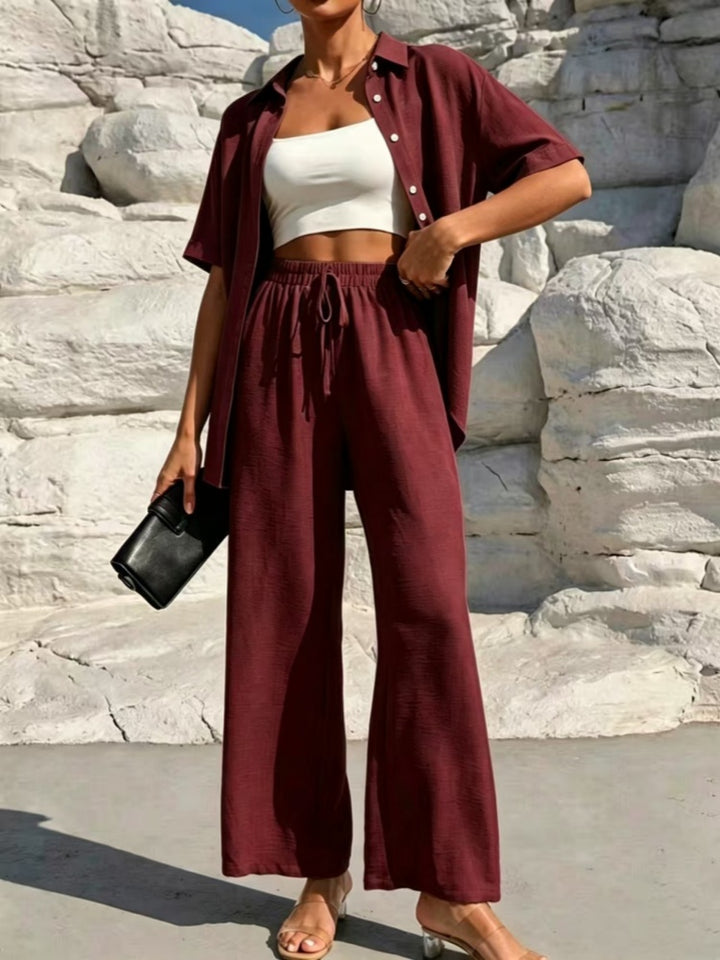 Stylish and casual solid color shirt and trousers two-piece women&
