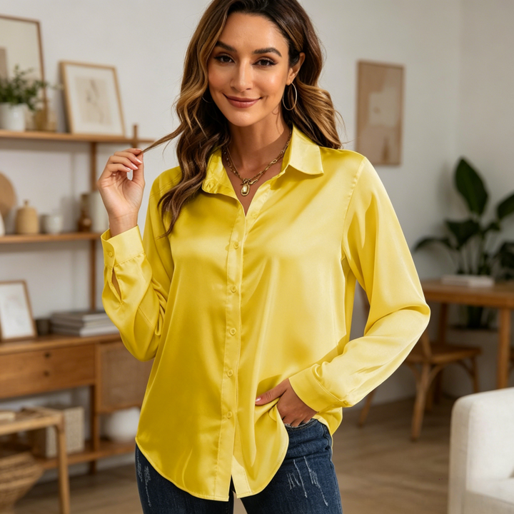 Satin Button-Down Shirt with Front Tie