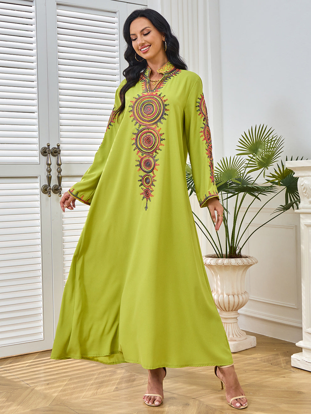 Ethnic Geometric Embroidered Abaya Maxi Dress