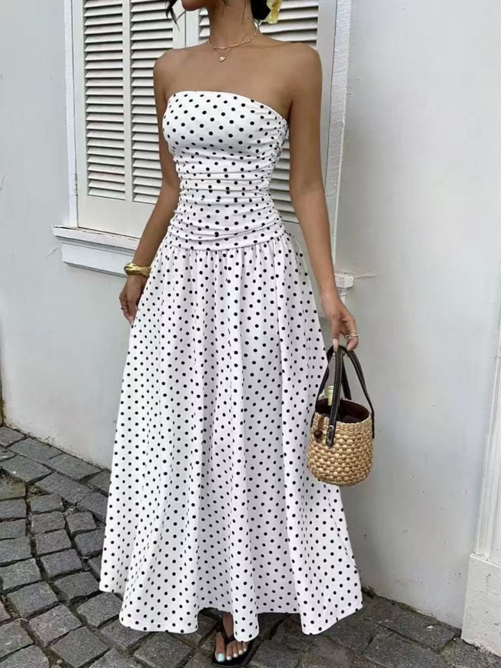 Strapless Ruched Polka Dot Flowy Maxi Dress
