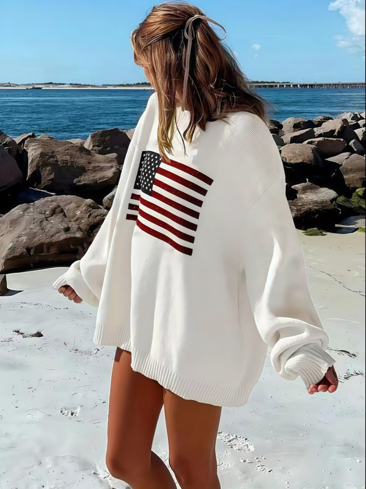 American Flag Oversized Knit Sweater - Soft Arctic Fleece Pullover