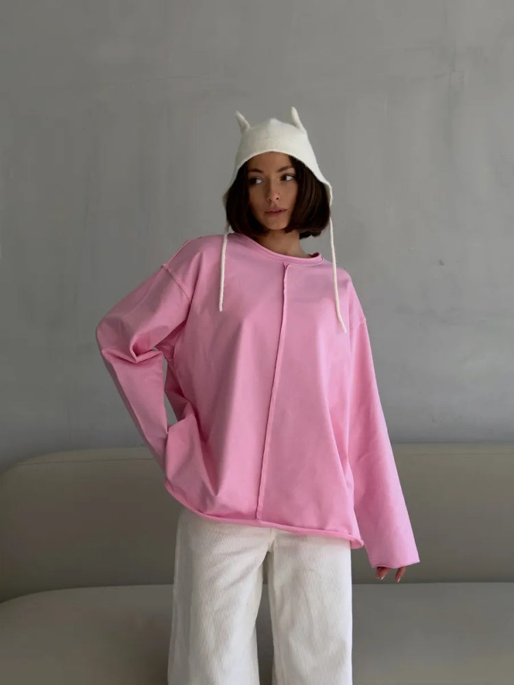 Oversized Long-Sleeve Cotton Tee | Crew Neck Casual Loose T-Shirt