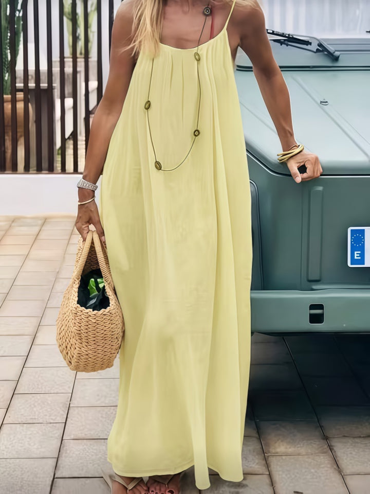 Spaghetti Strap Open Back Pleated Maxi Dress