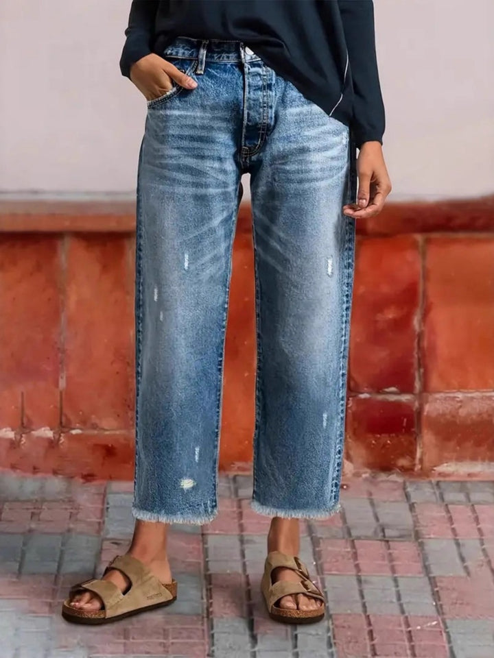Fringe-trimmed stretch straight leg cropped jeans