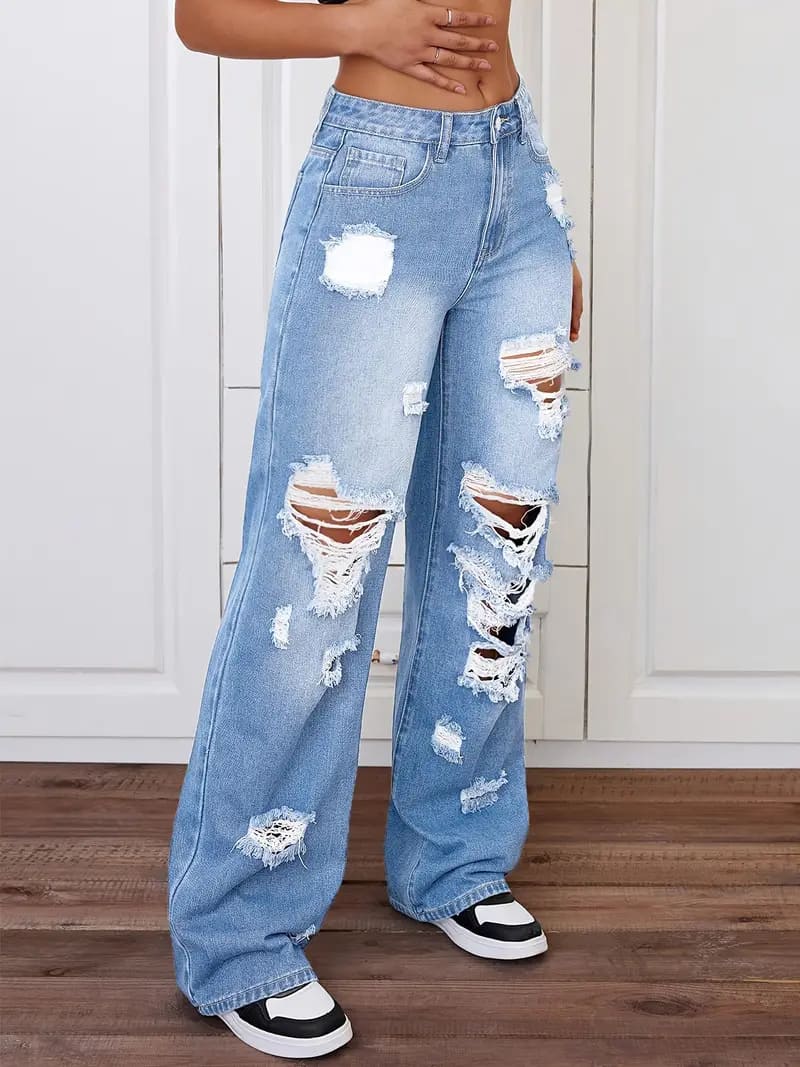 Retro distressed washed high-waisted straight leg jeans