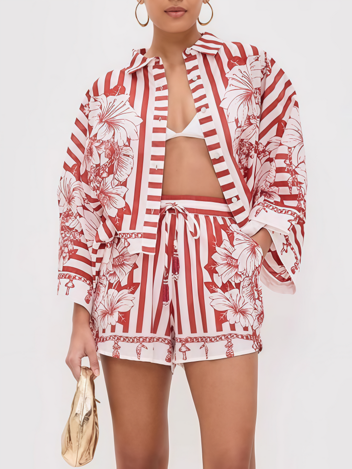 Floral Striped Button-Down Shirt &amp; Shorts Set - Red/White