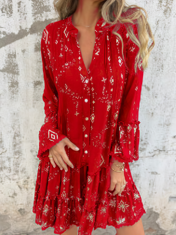 Solid color bell sleeve hollow dress