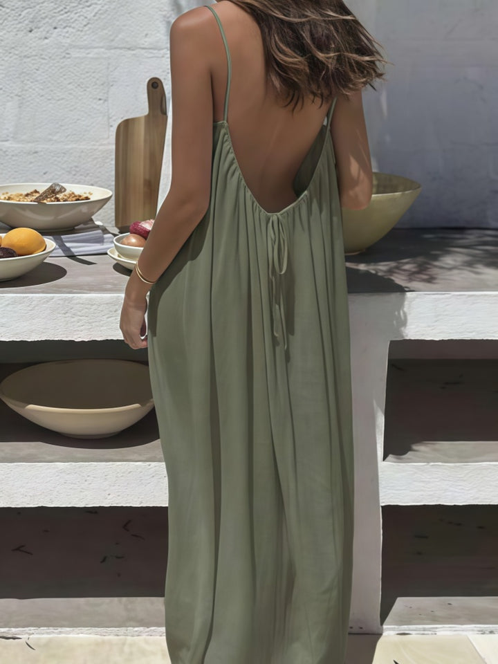 Spaghetti Strap Open Back Pleated Maxi Dress