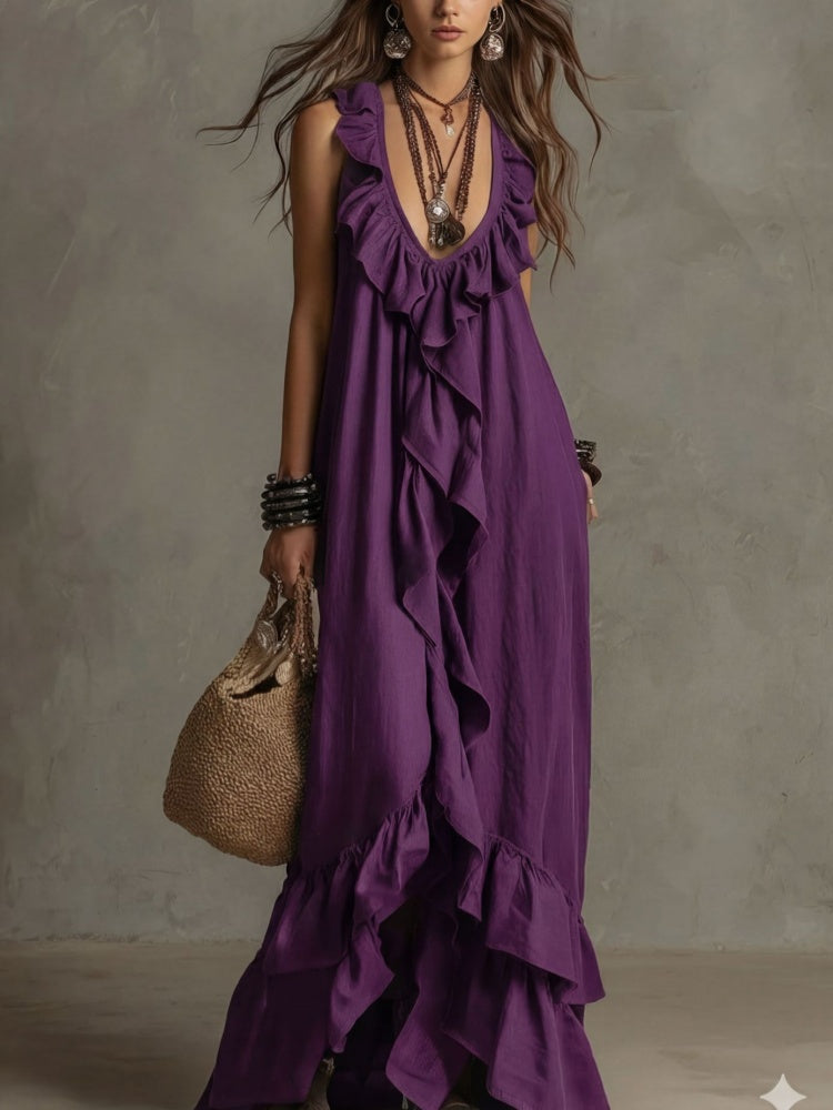 Boho Ruffled V-Neck Maxi Dress