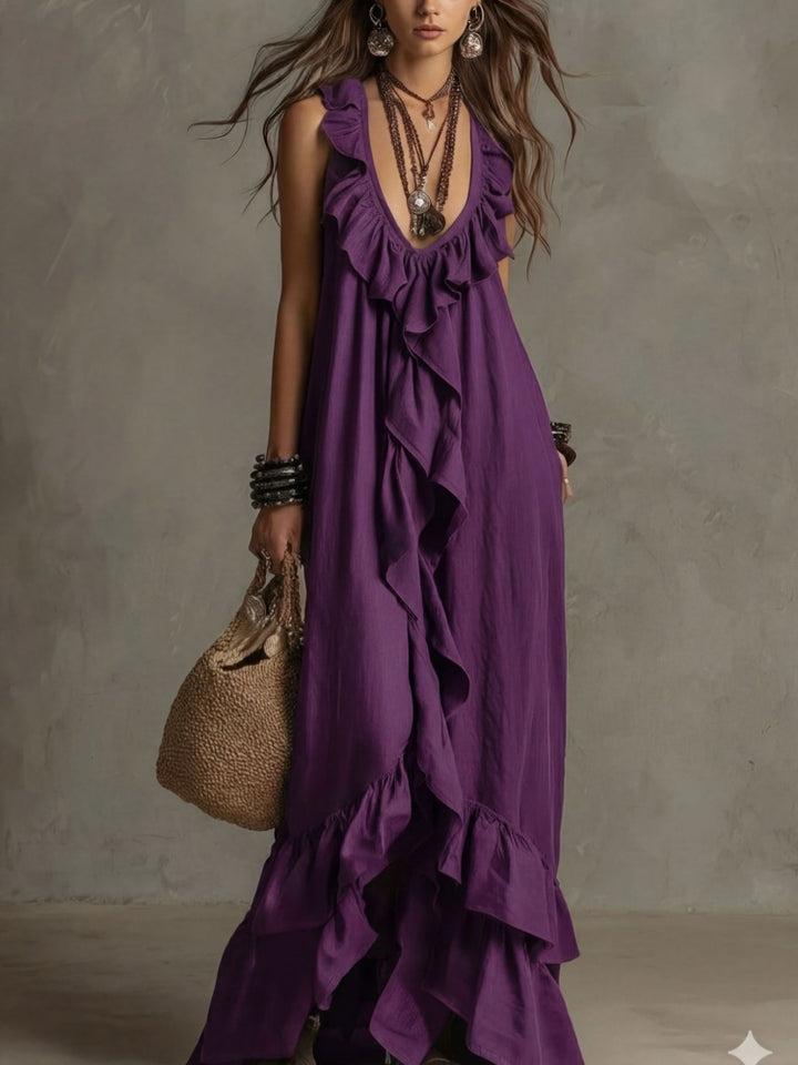 Boho Ruffled V-Neck Maxi Dress