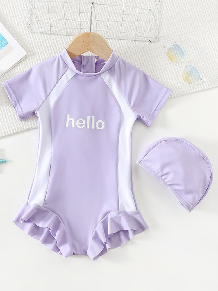 Girls Rash Guard Swimsuit with Hat – Cute Ruffle One-Piece Swimwear
