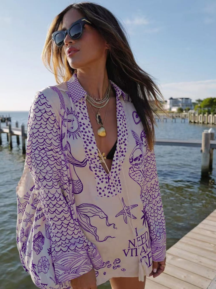 Nautical Print Oversized Shirt &amp; Shorts Set | Satin Beach Cover-Up 2-Piece