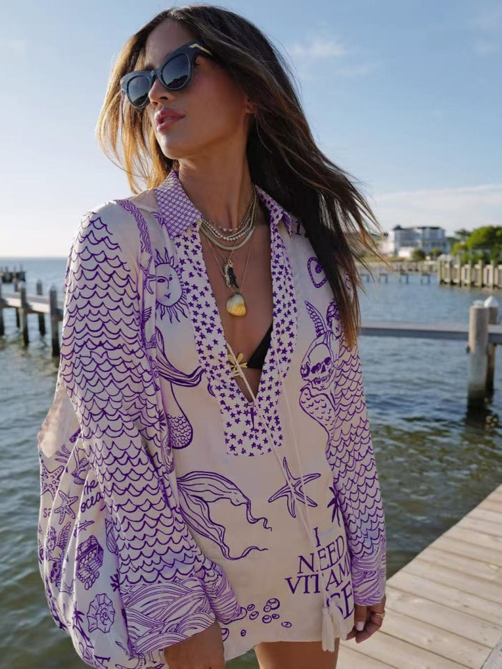 Nautical Print Oversized Shirt &amp; Shorts Set | Satin Beach Cover-Up 2-Piece
