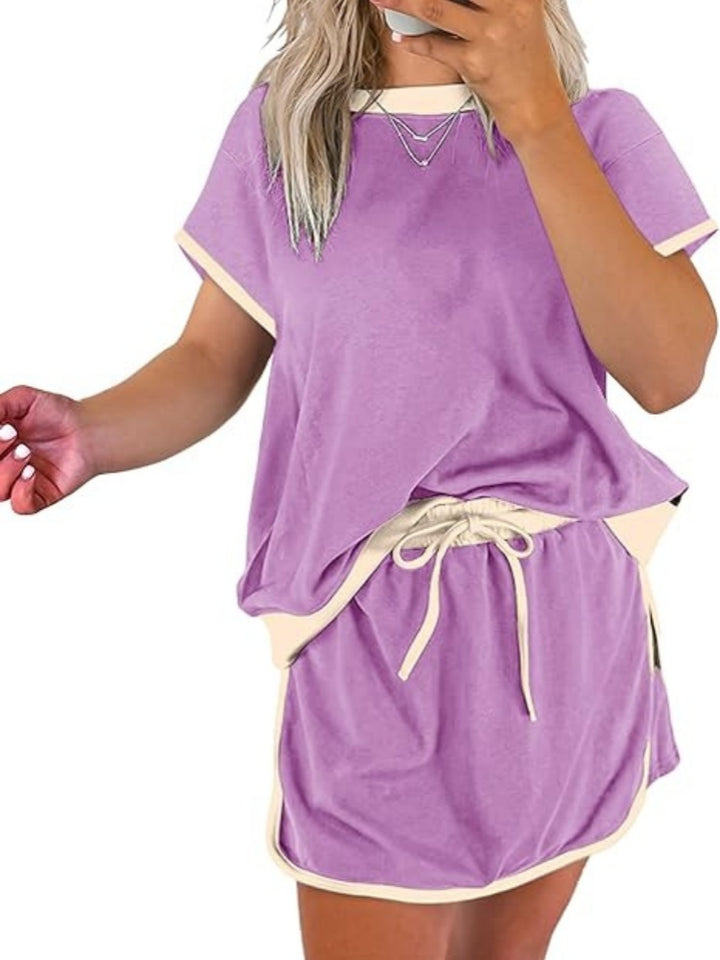 Contrast Trim Short Sleeve Top &amp; Mini Skirt Two-Piece Set