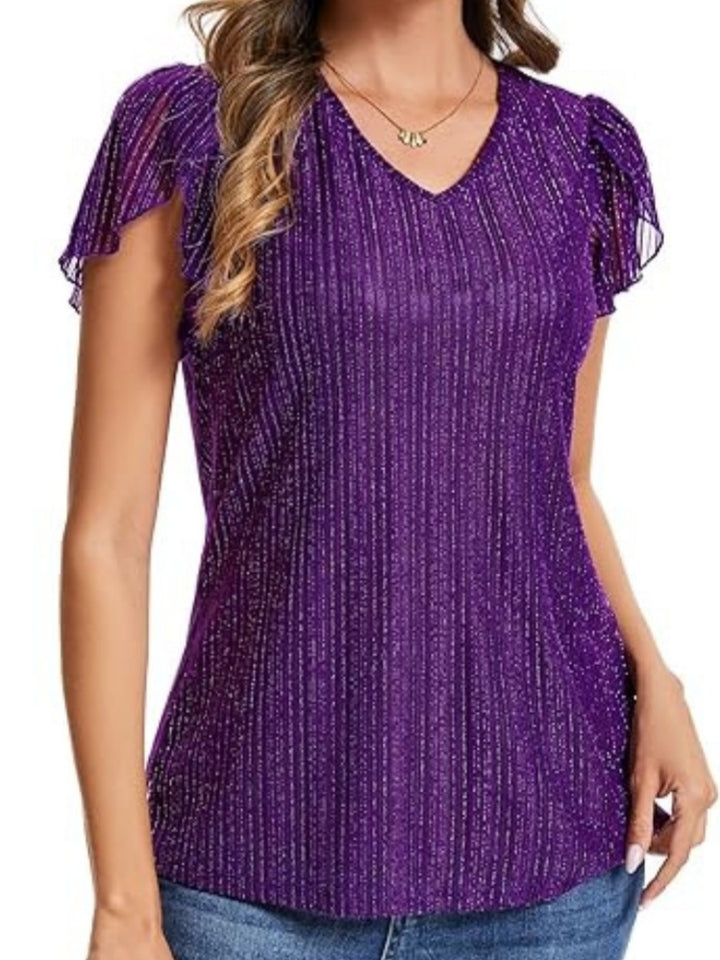 Shiny Pleated V-Neck Flutter Sleeve Top