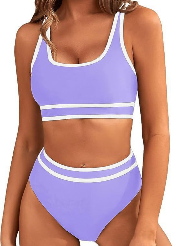 Contrast Trim Stripe High Waisted Bikini Set