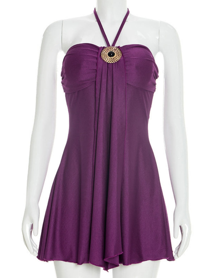 Gold Ornament Halter Draped A-Line Mini Dress