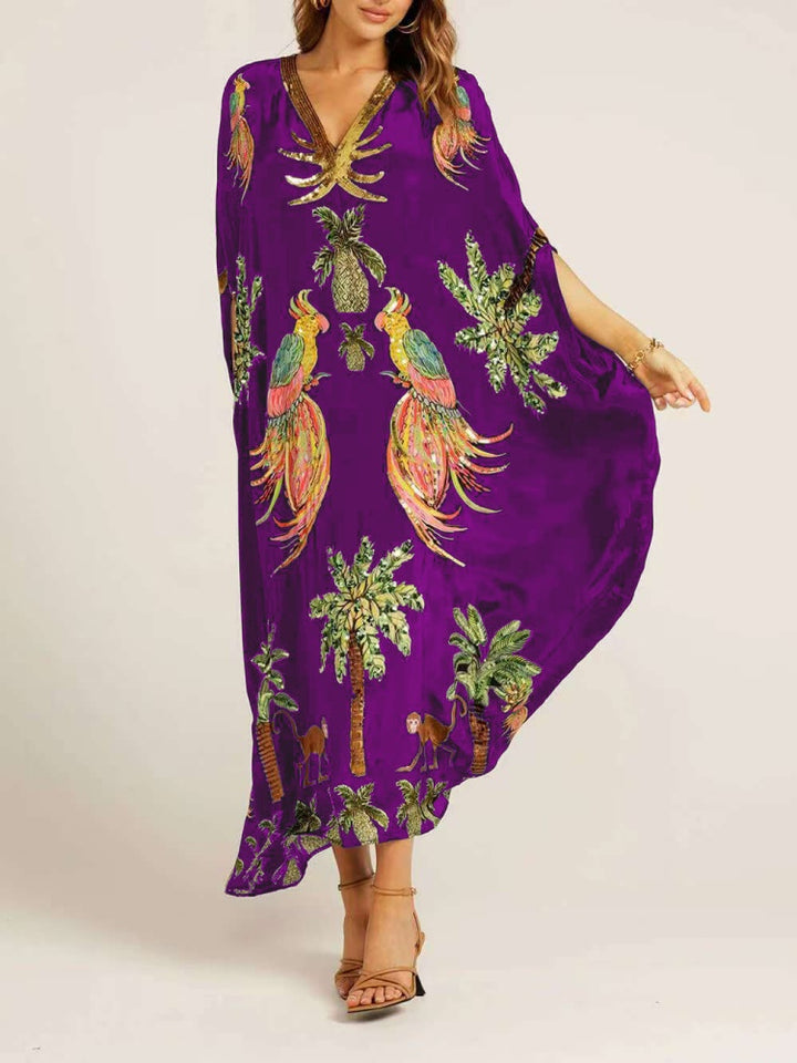 Sequin Tropical Print Kaftan Maxi Dress