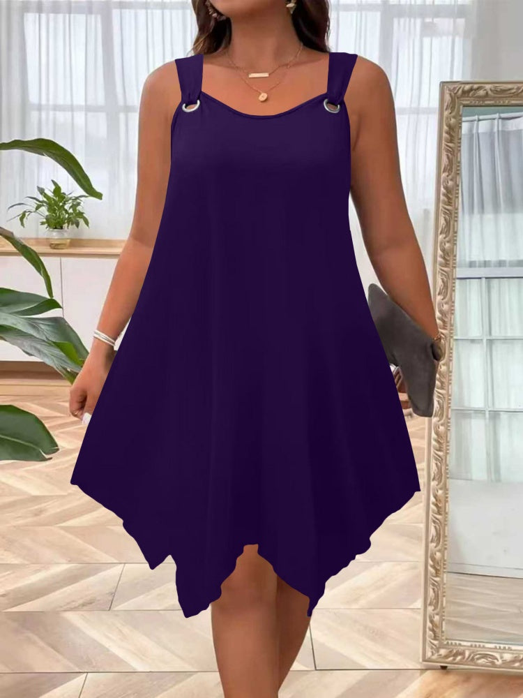 Solid O-Ring Strap Asymmetric Hem Tank Dress